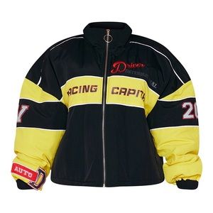 Petite Yellow Oversized Graphic Zipped Racer Bomber Varsity Jacket